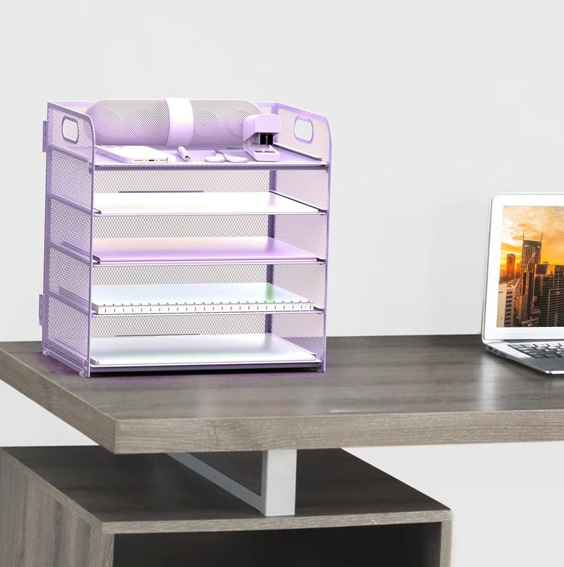 Sinboun Letter Tray Paper Organizer 5-Tier Desk Organizer File Organizer Paper Holder with Handle, Metal Desktop Document Shelf Tray Office Classroom Organization - Purple - Image 5